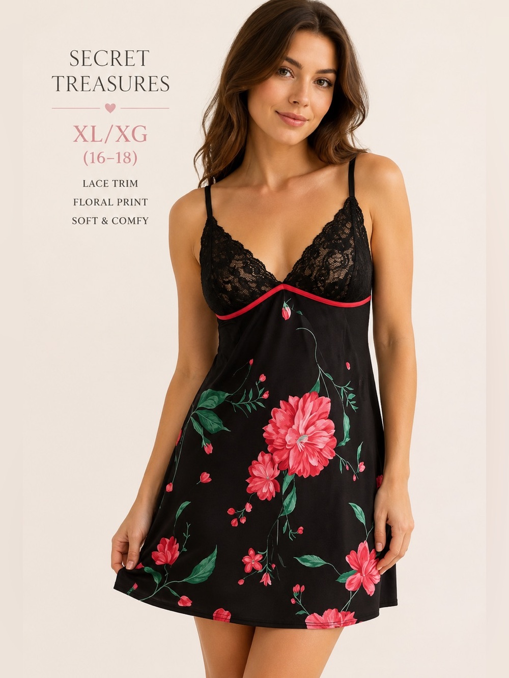 Secret Treasures Floral Lace Chemise Nightgown XL Black Pink
